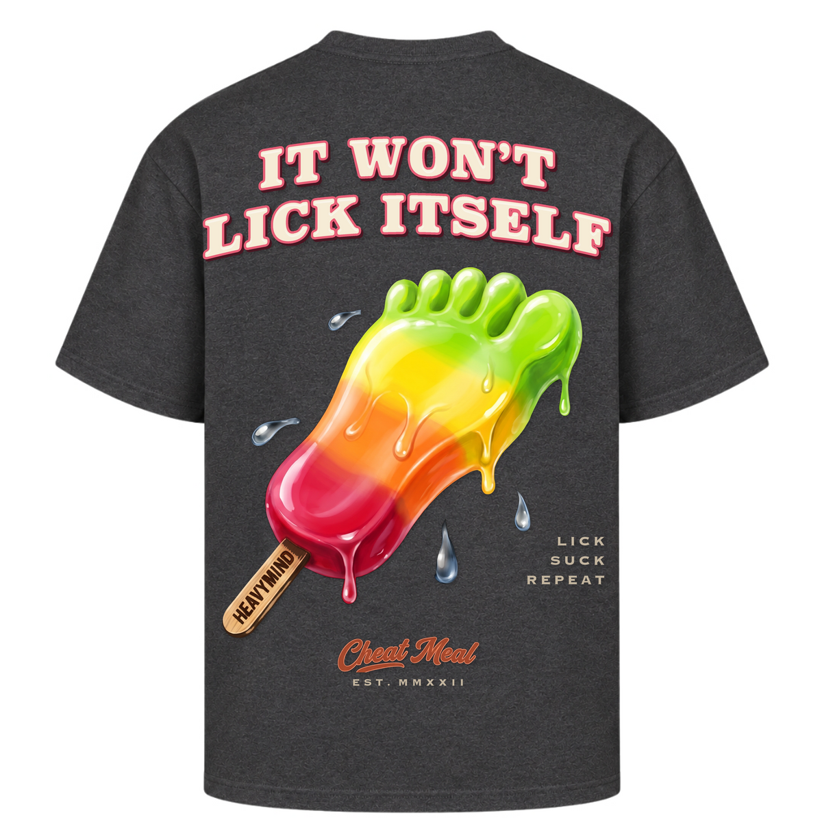 It Won't Lick Itself – Oversized Tee in Charcoal (Heather), Rückansicht | Heavy Mind