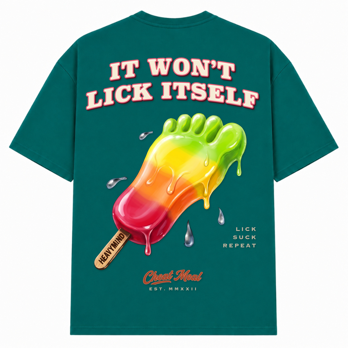 It Won't Lick Itself – Oversized Tee in Green, Rückansicht | Heavy Mind