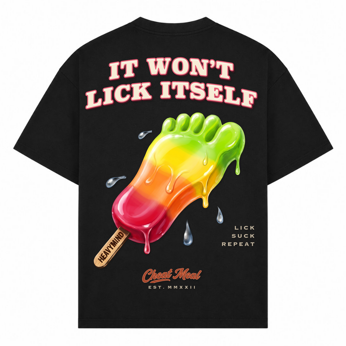 It Won't Lick Itself – Oversized Tee in Schwarz, Rückansicht | Heavy Mind