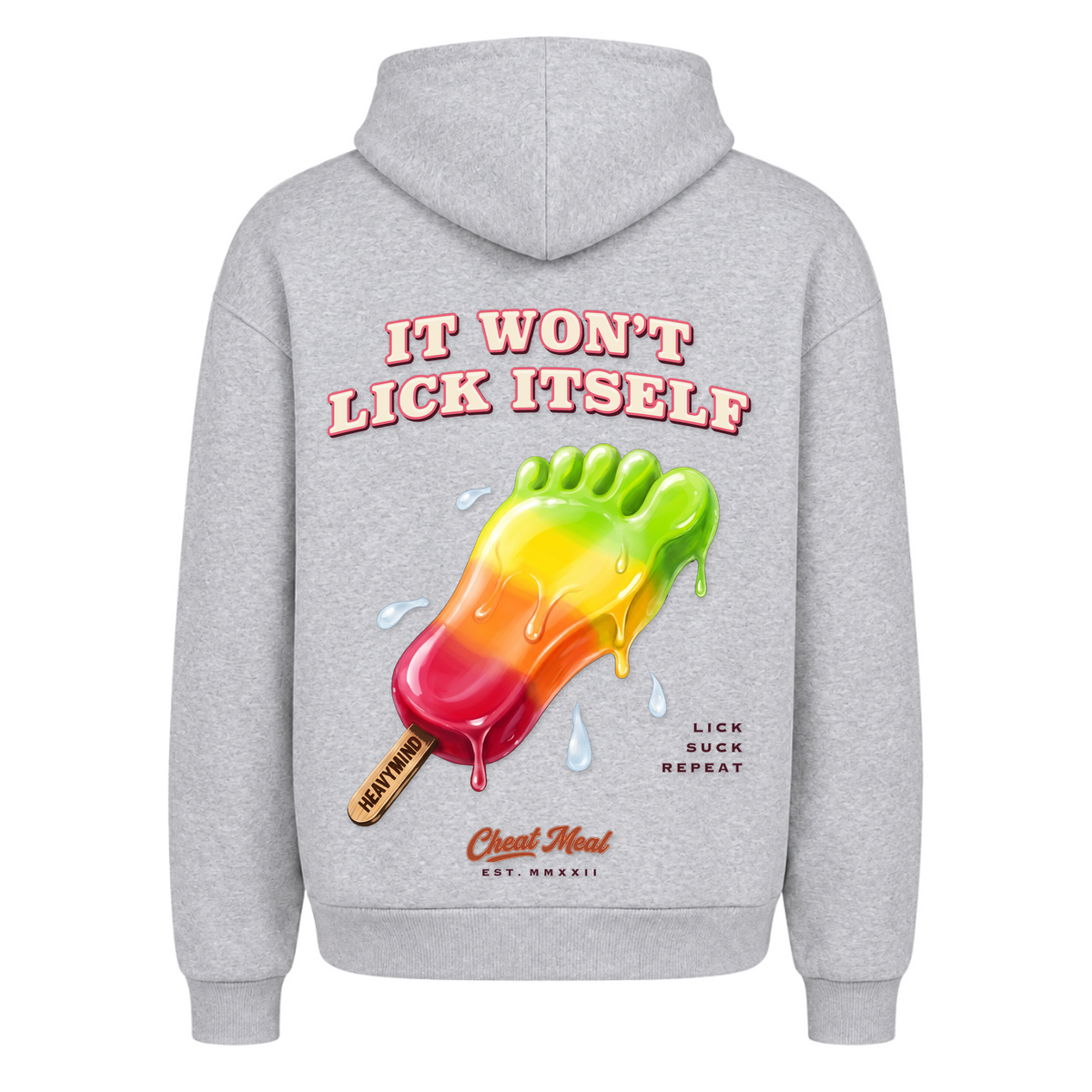 It Won't Lick Itself – Heavy Oversized Hoodie in Heather Grey, Rückansicht | Heavy Mind