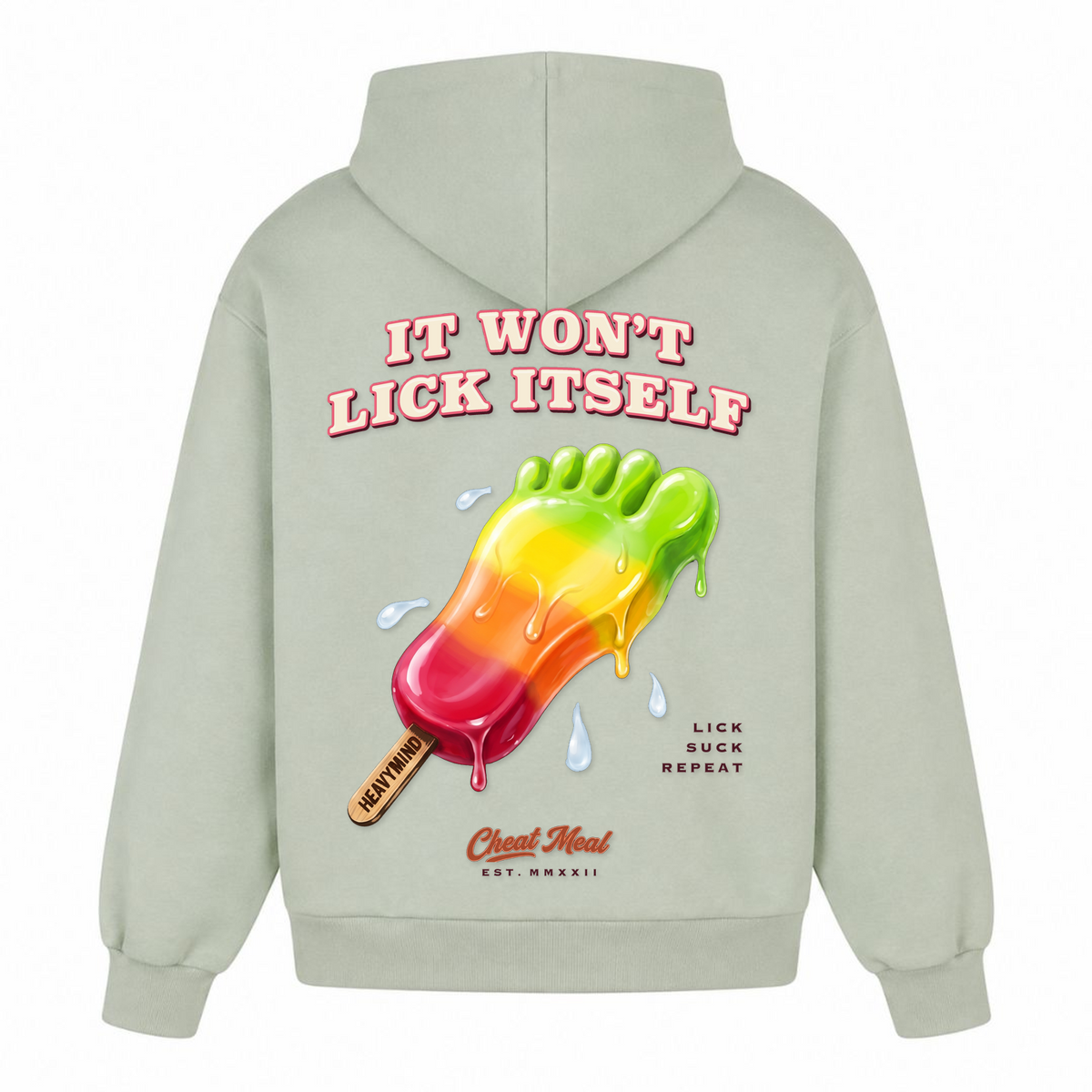 It Won't Lick Itself – Heavy Oversized Hoodie in Light Asphalt, Rückansicht | Heavy Mind