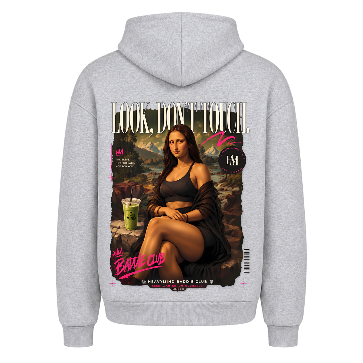Look, Don't Touch – Heavy Oversized Hoodie in Heather Grey, Rückansicht | Heavy Mind