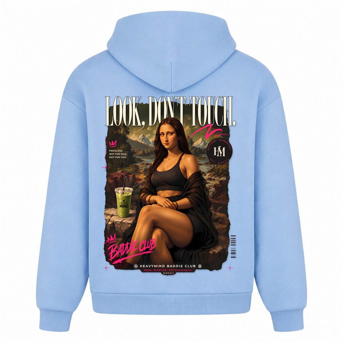 Look, Don't Touch – Heavy Oversized Hoodie in Powder Blue, Rückansicht | Heavy Mind