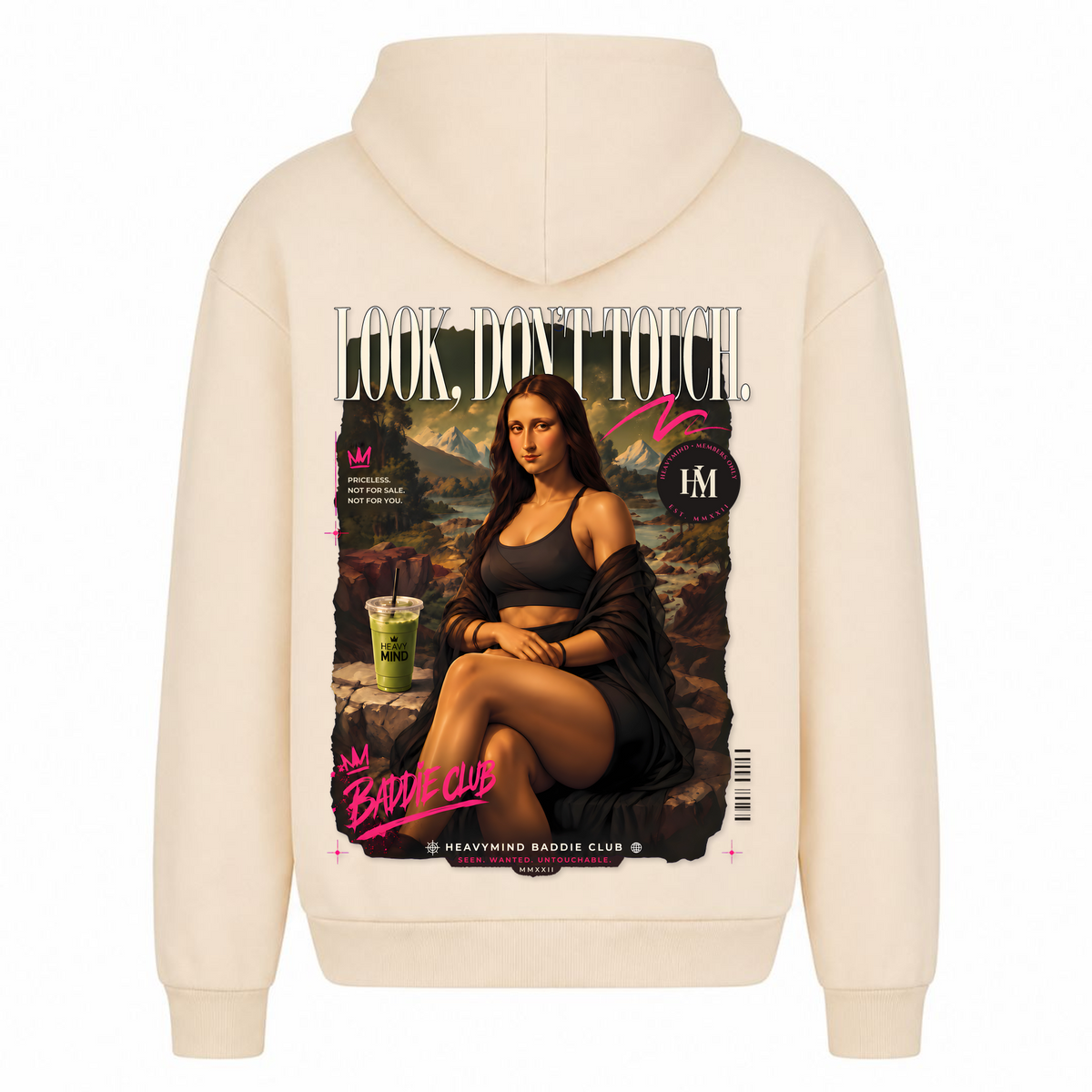Look, Don't Touch – Heavy Oversized Hoodie in White Sand, Rückansicht | Heavy Mind