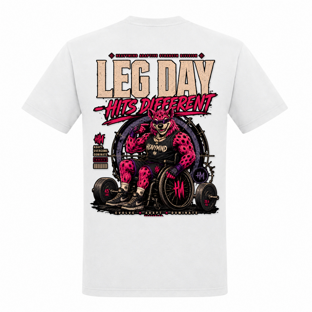 Leg Day Hits Different – Heavy Shirt in Weiß, Rückansicht | Heavy Mind