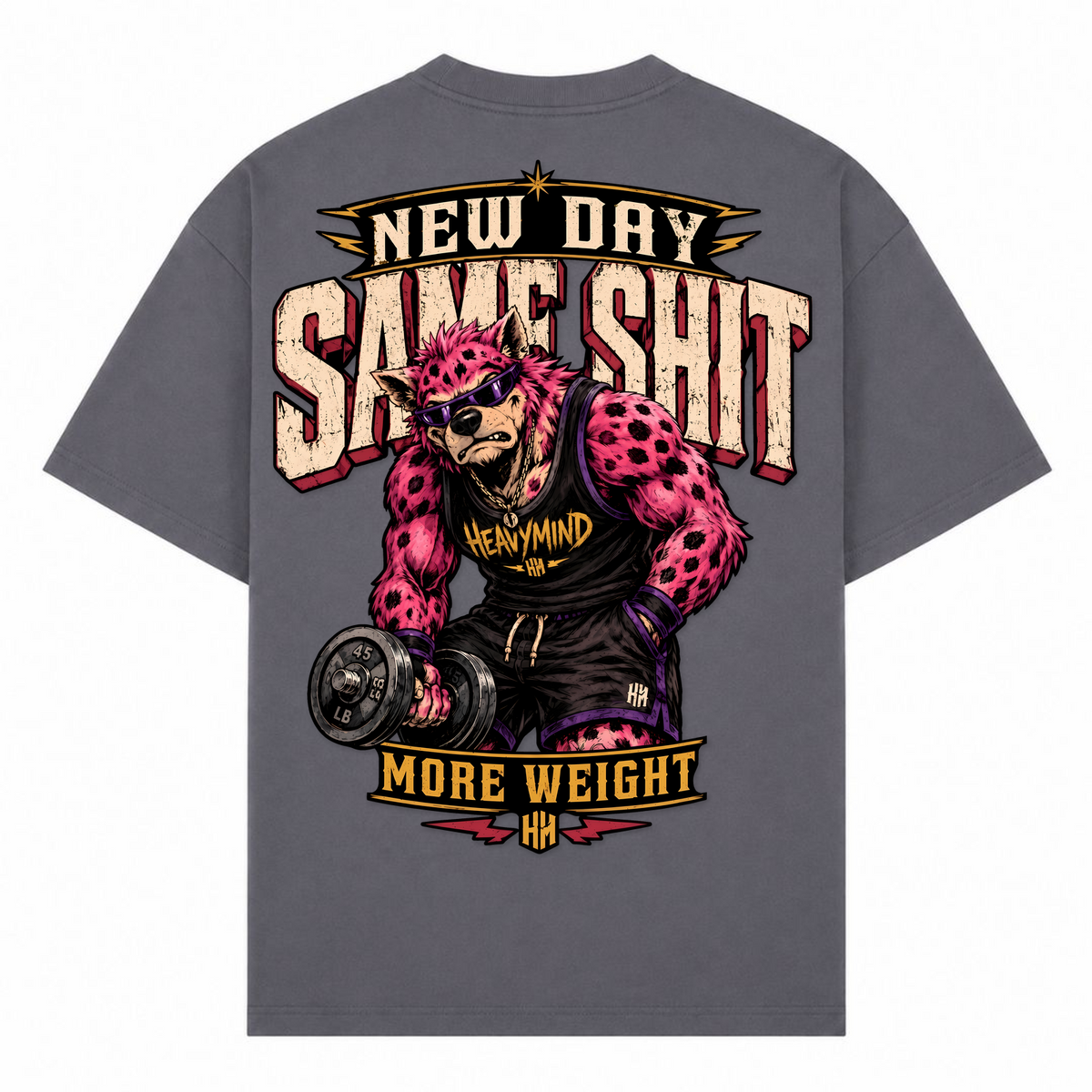 New Day, Same Shit, More Weight – Oversized Tee in Dark Grey, Rückansicht | Heavy Mind