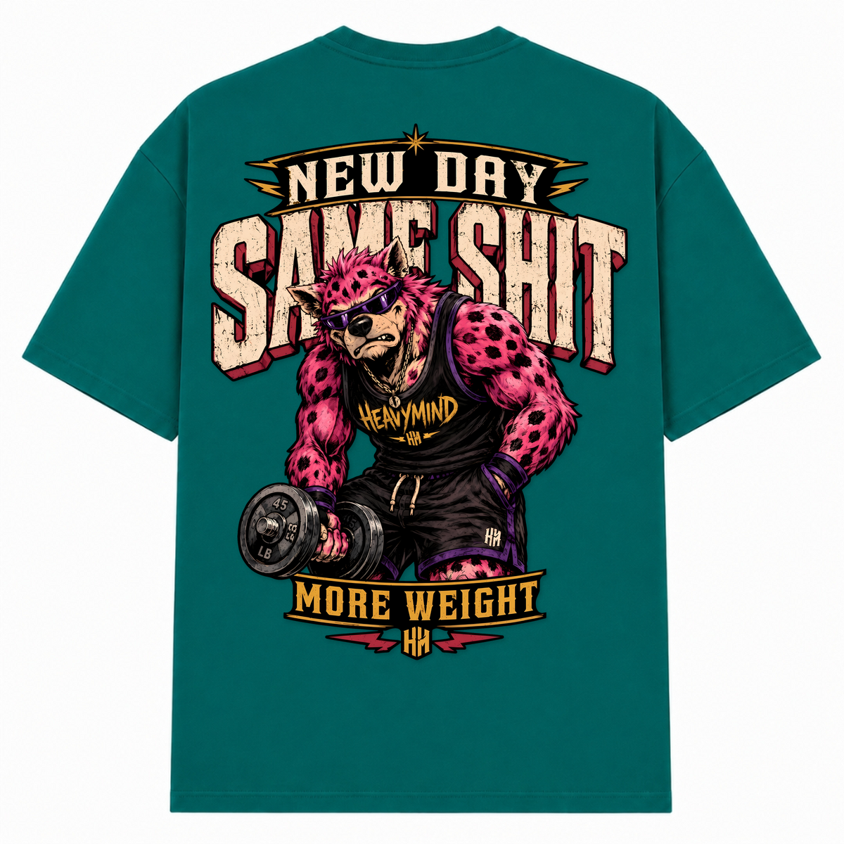 New Day, Same Shit, More Weight – Oversized Tee in Green, Rückansicht | Heavy Mind