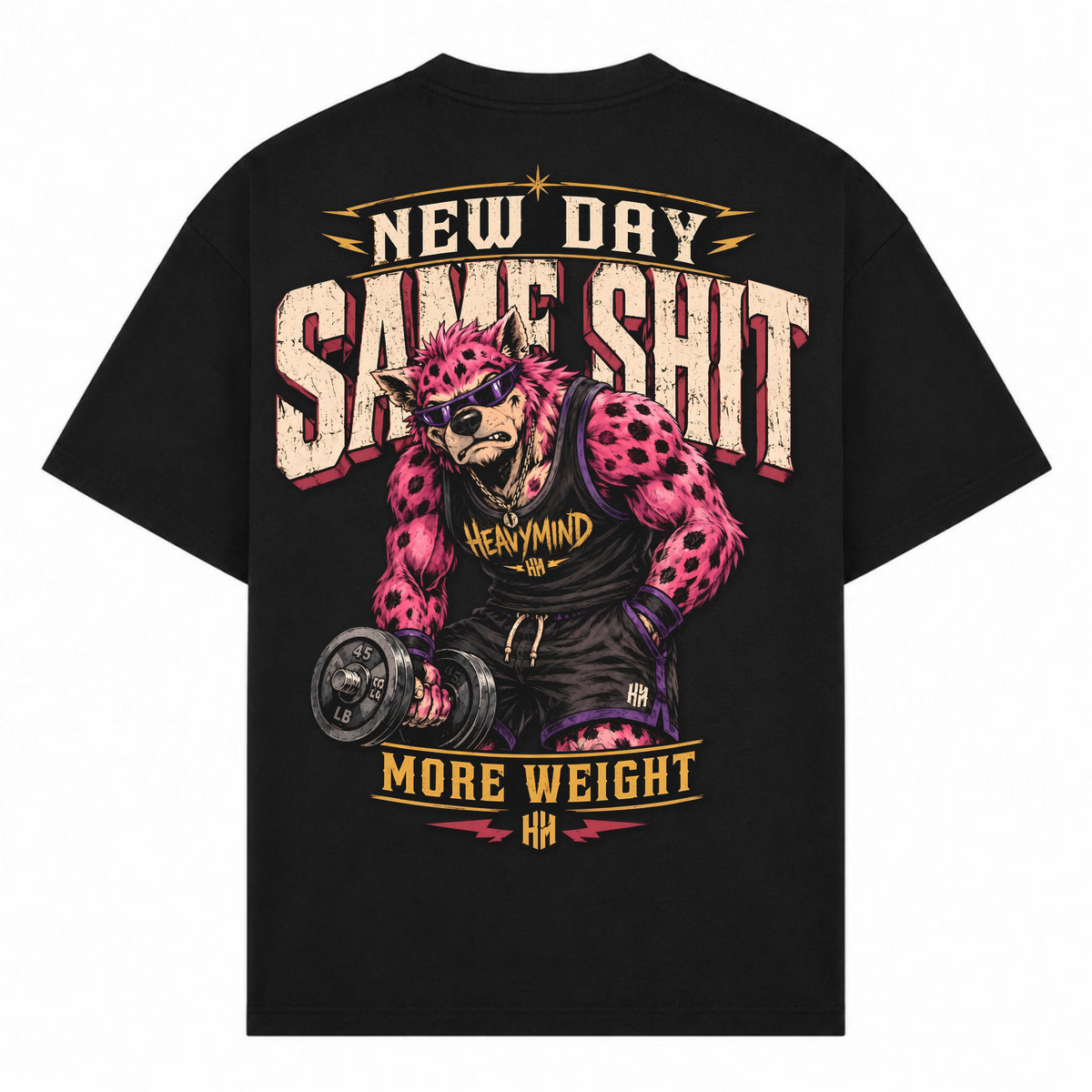 New Day, Same Shit, More Weight – Oversized Tee in Schwarz, Rückansicht | Heavy Mind