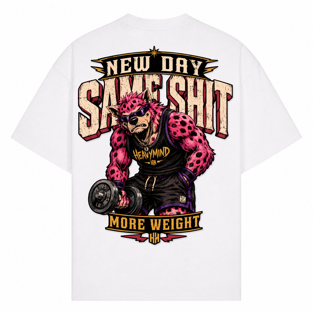 New Day, Same Shit, More Weight – Oversized Tee in Weiß, Rückansicht | Heavy Mind