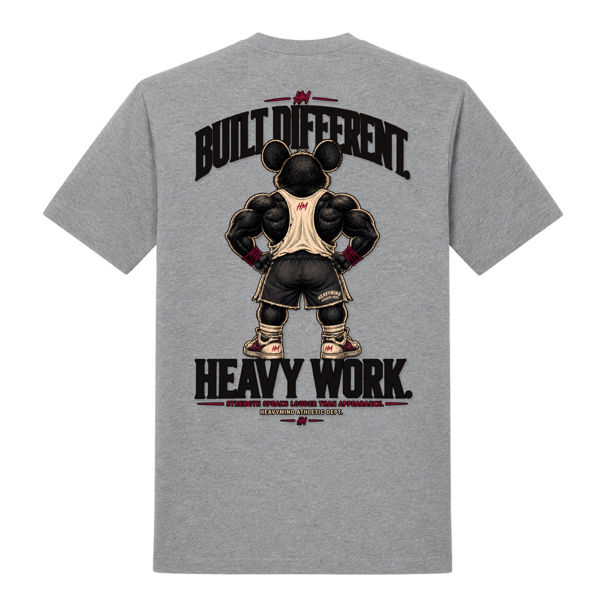 Built Different – Heavy Work – Heavy Shirt in Grey Melange, Rückansicht | Heavy Mind
