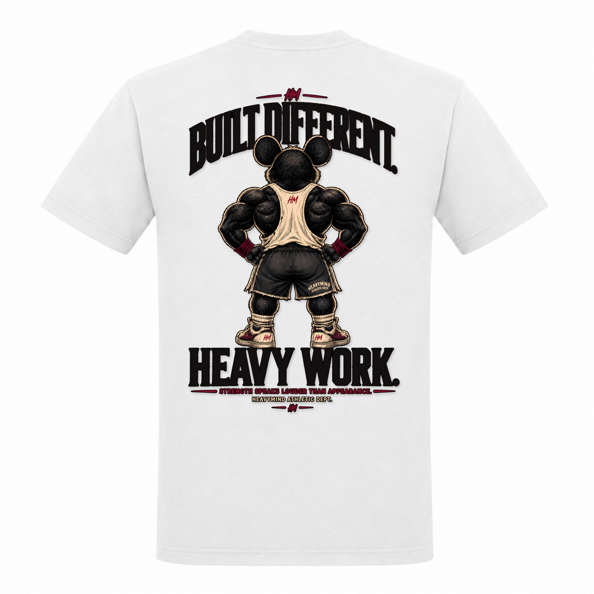 Built Different – Heavy Work – Heavy Shirt in Weiß, Rückansicht | Heavy Mind