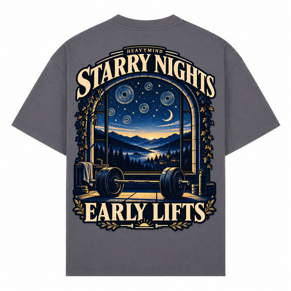 Starry Nights, Early Lifts – Oversized Tee in Dark Grey, Rückansicht | Heavy Mind