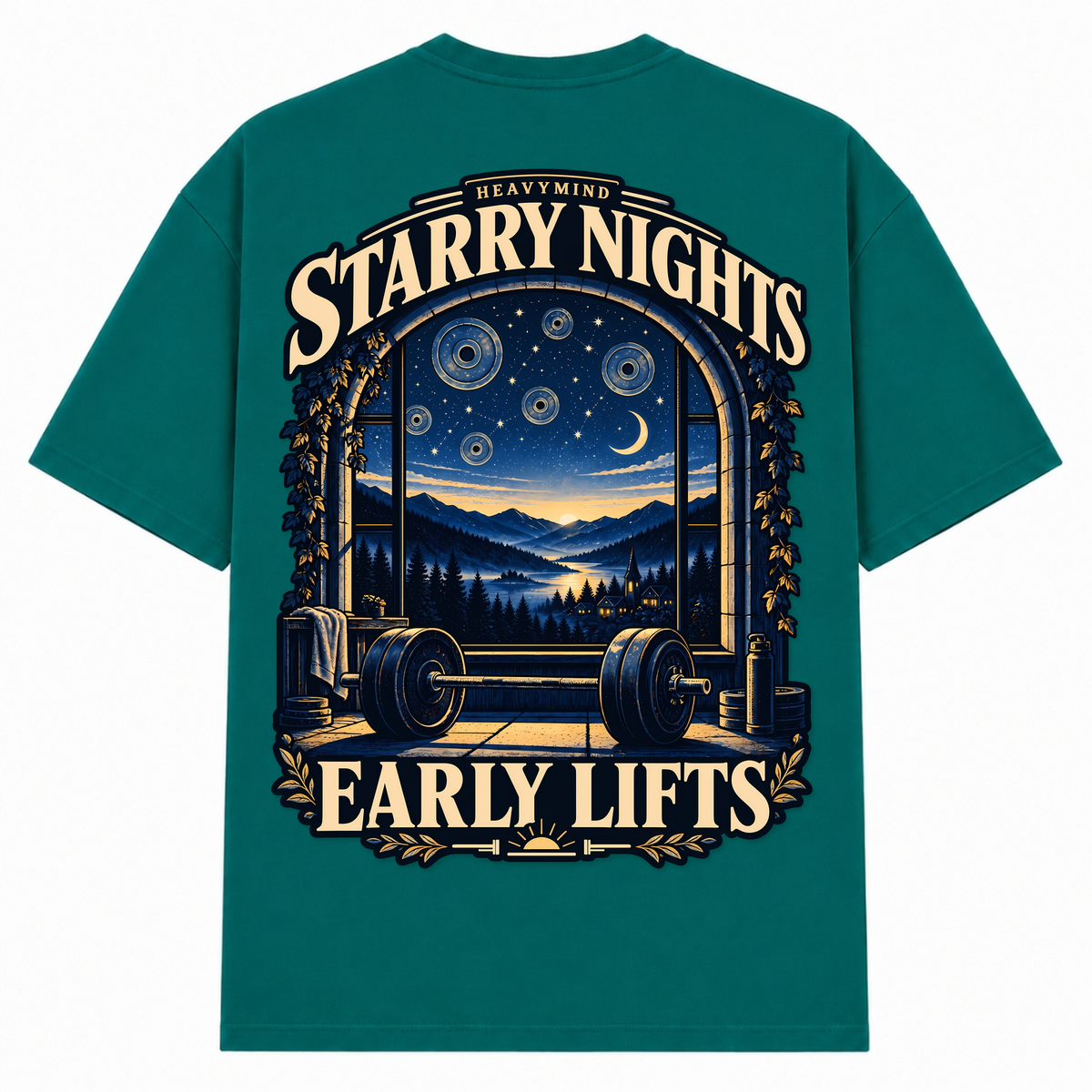 Starry Nights, Early Lifts – Oversized Tee in Green, Rückansicht | Heavy Mind