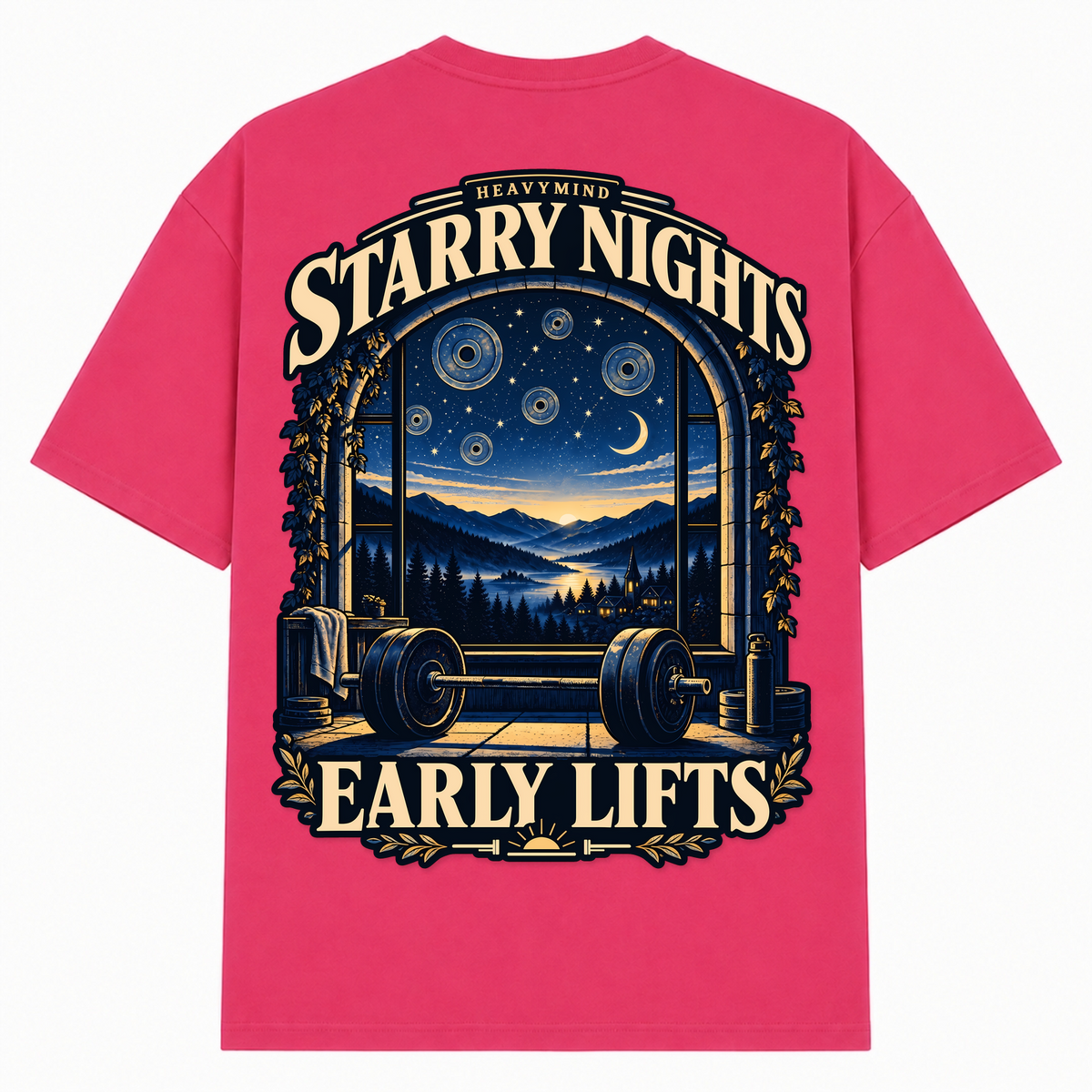 Starry Nights, Early Lifts – Oversized Tee in Hibiskus Pink, Rückansicht | Heavy Mind