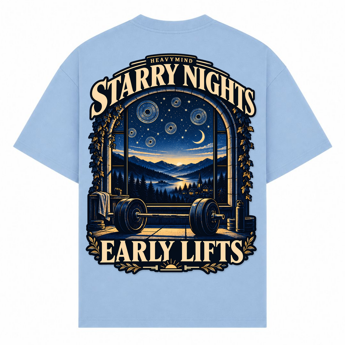 Starry Nights, Early Lifts – Oversized Tee in Powder Blue, Rückansicht | Heavy Mind
