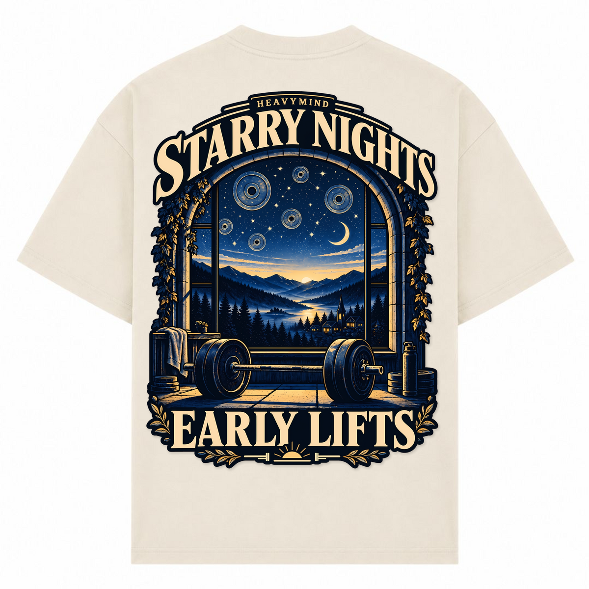 Starry Nights, Early Lifts – Oversized Tee in Sand, Rückansicht | Heavy Mind
