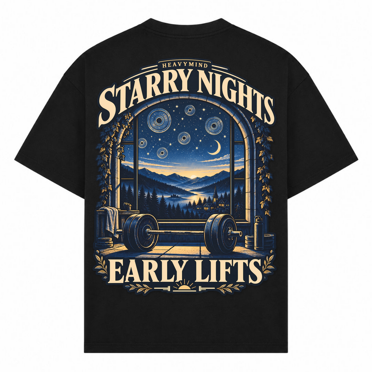 Starry Nights, Early Lifts – Oversized Tee in Schwarz, Rückansicht | Heavy Mind