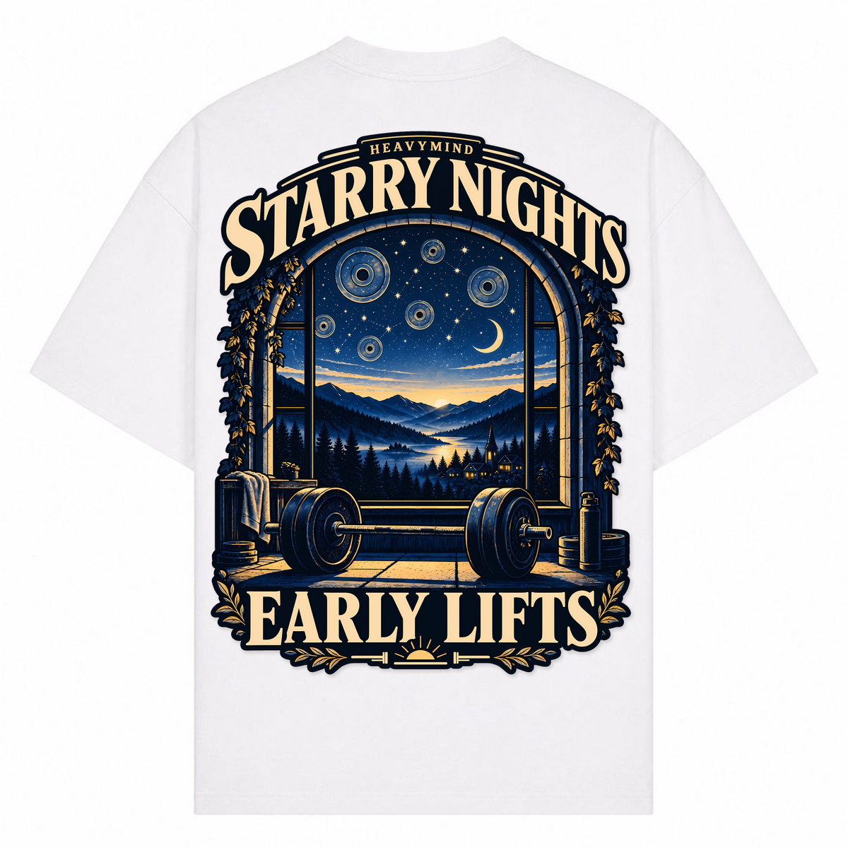 Starry Nights, Early Lifts – Oversized Tee in Weiß, Rückansicht | Heavy Mind