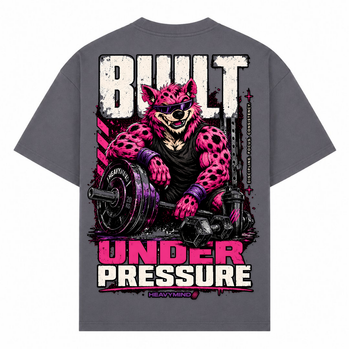 Built Under Pressure (Hyena) – Oversized Tee in Dark Grey, Rückansicht | Heavy Mind