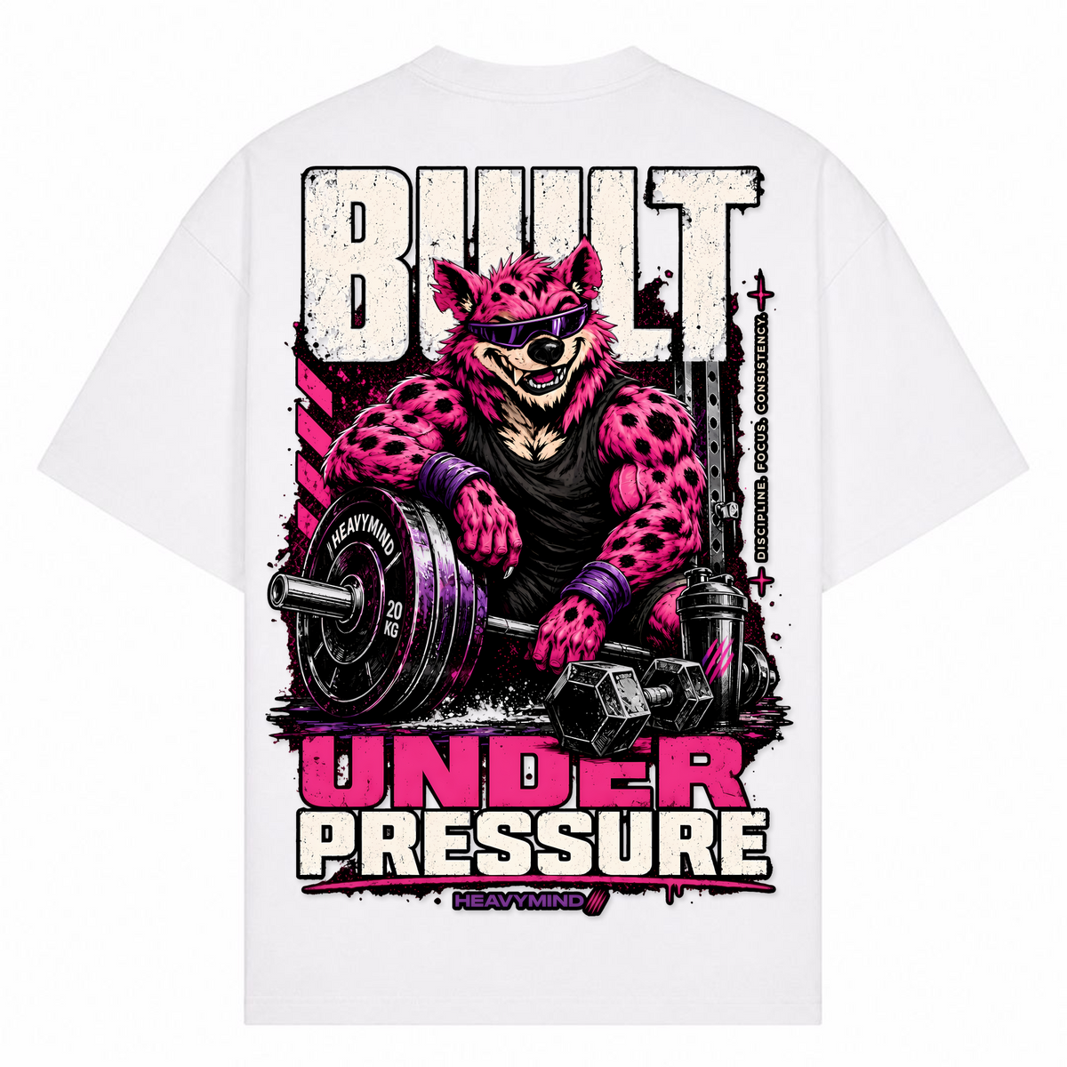 Built Under Pressure (Hyena) – Oversized Tee in Weiß, Rückansicht | Heavy Mind