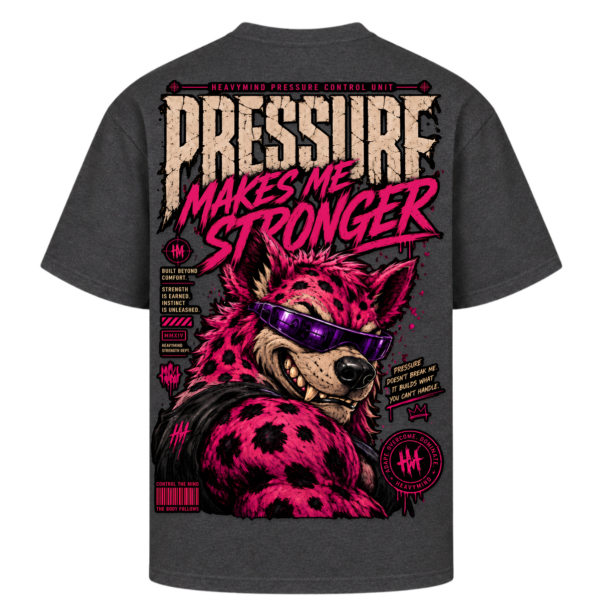 Pressure Makes Me Stronger – Oversized Tee in Charcoal (Heather), Rückansicht | Heavy Mind