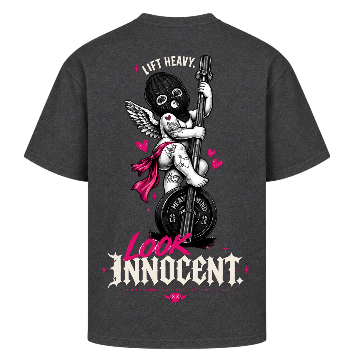 Lift Heavy, Look Innocent – Oversized Tee in Charcoal (Heather), Rückansicht | Heavy Mind