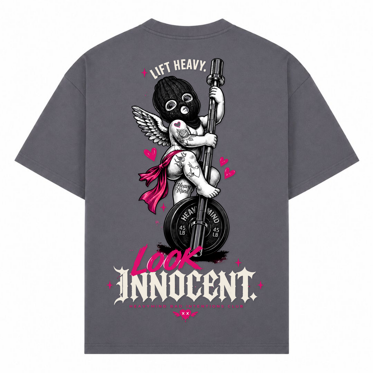 Lift Heavy, Look Innocent – Oversized Tee in Dark Grey, Rückansicht | Heavy Mind