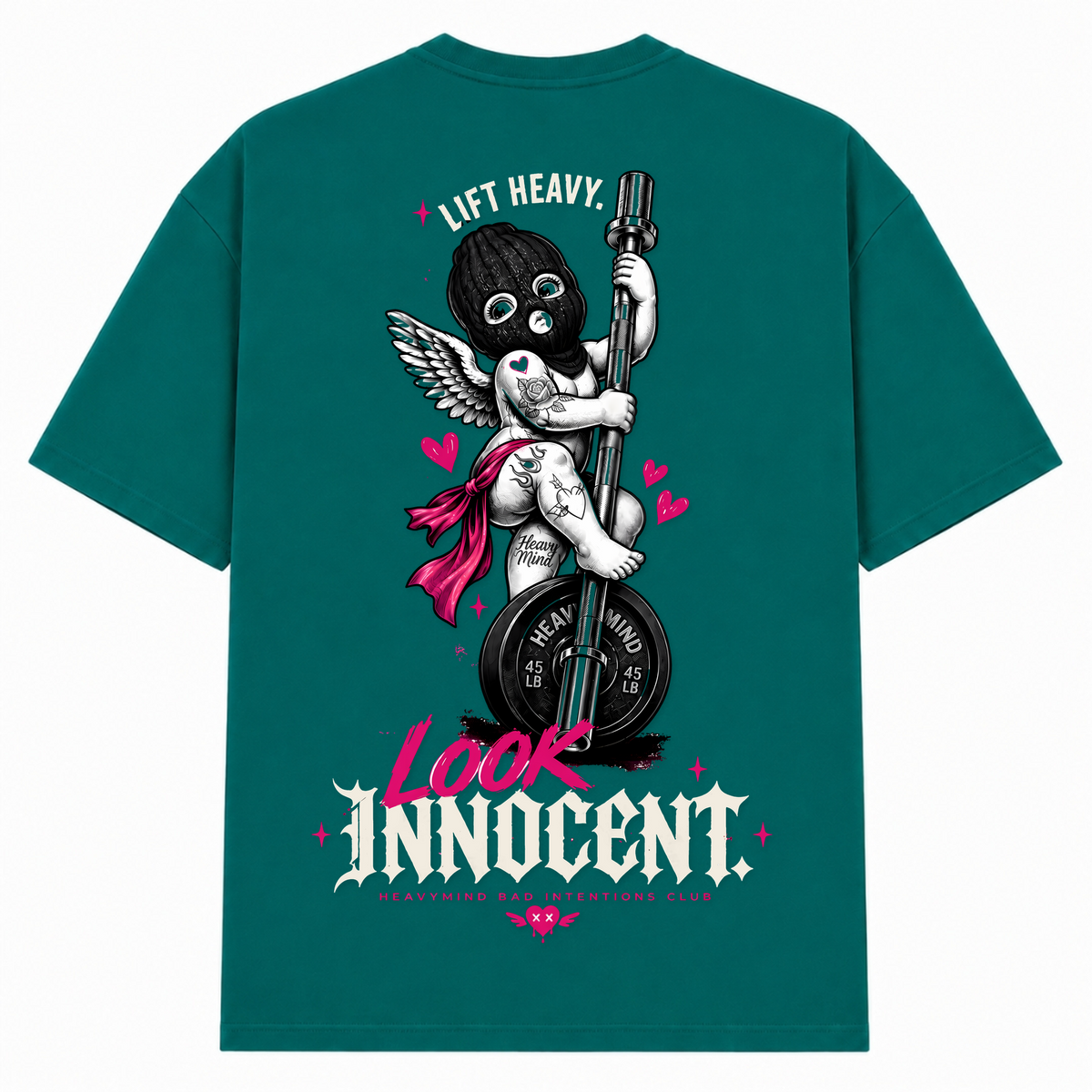Lift Heavy, Look Innocent – Oversized Tee in Green, Rückansicht | Heavy Mind