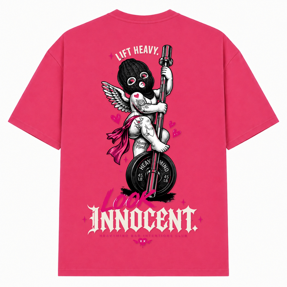 Lift Heavy, Look Innocent – Oversized Tee in Hibiskus Pink, Rückansicht | Heavy Mind