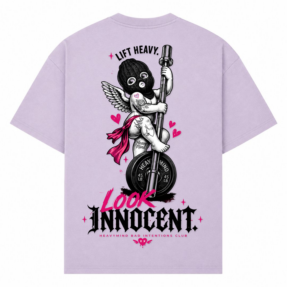 Lift Heavy, Look Innocent – Oversized Tee in Lilac, Rückansicht | Heavy Mind