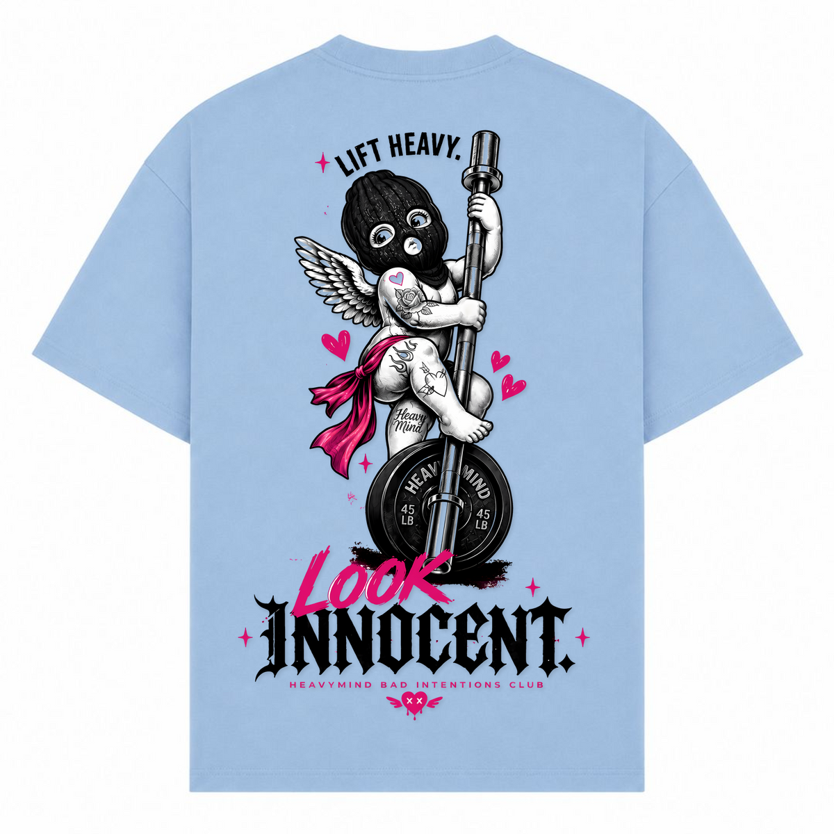 Lift Heavy, Look Innocent – Oversized Tee in Powder Blue, Rückansicht | Heavy Mind