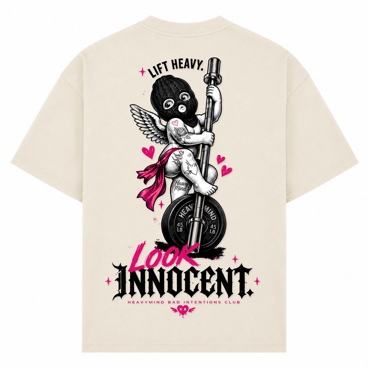 Lift Heavy, Look Innocent – Oversized Tee in Sand, Rückansicht | Heavy Mind