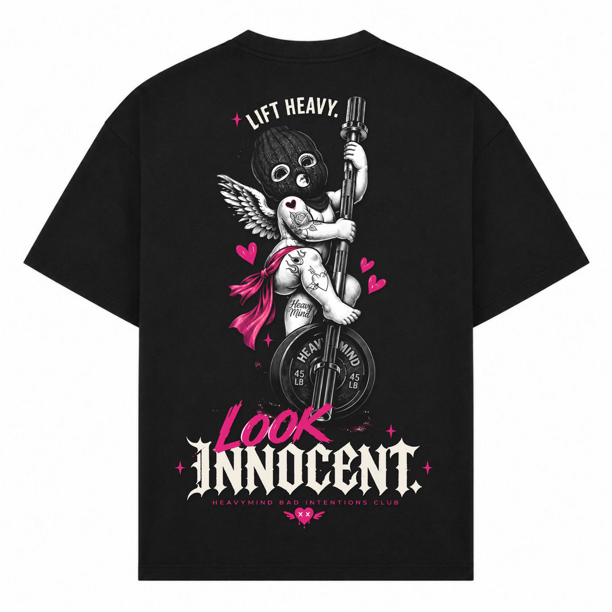 Lift Heavy, Look Innocent – Oversized Tee in Schwarz, Rückansicht | Heavy Mind
