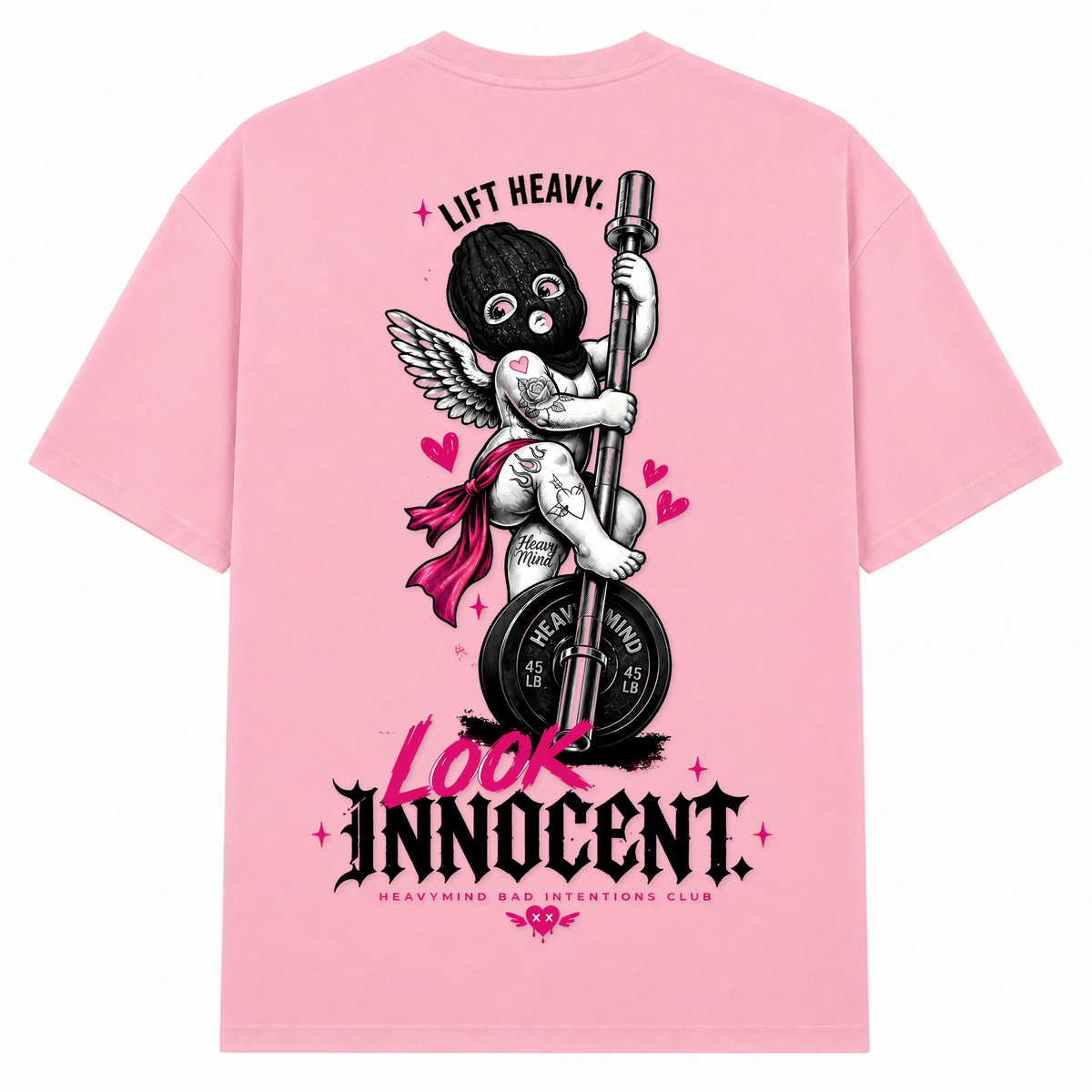 Lift Heavy, Look Innocent – Oversized Tee in Soft Pink, Rückansicht | Heavy Mind