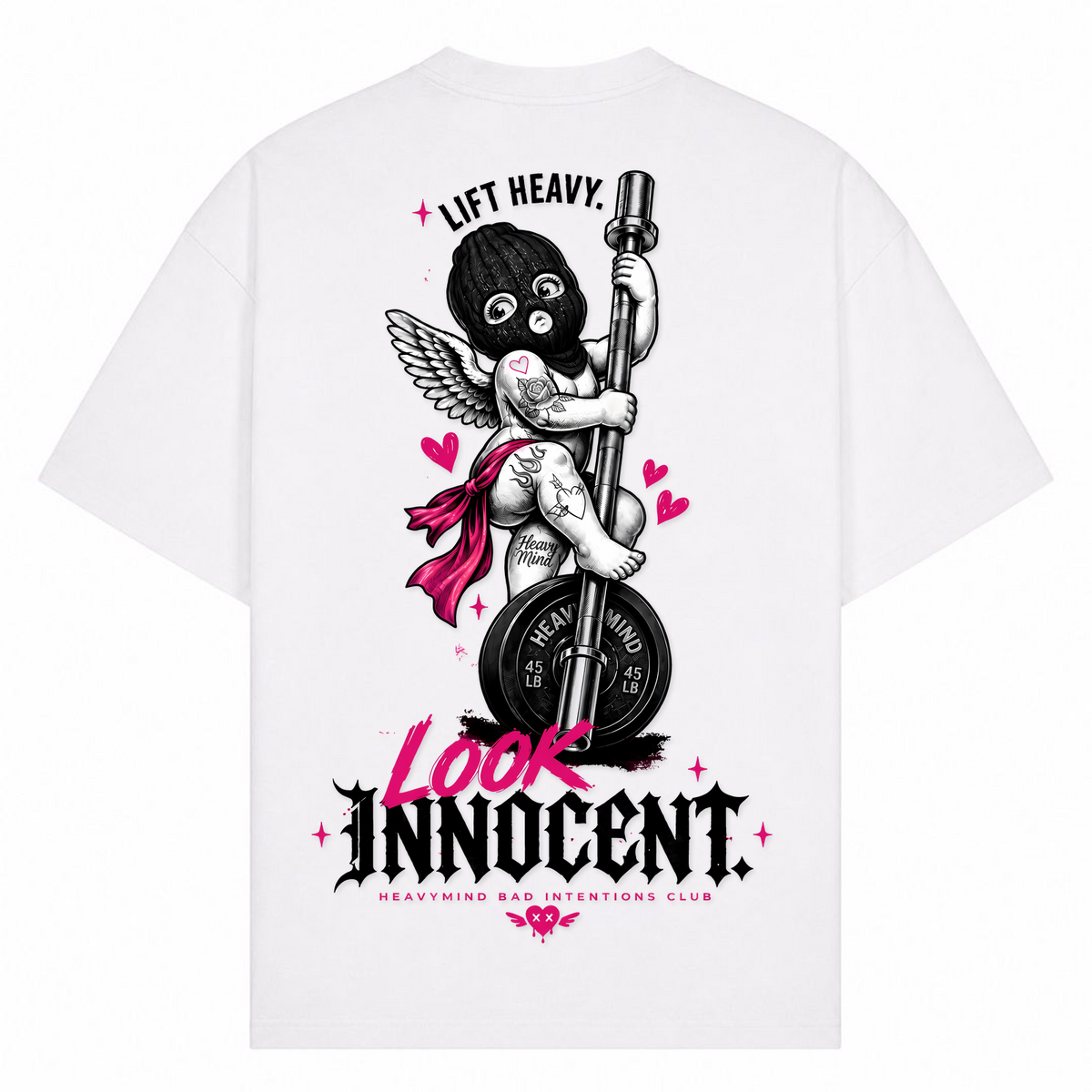 Lift Heavy, Look Innocent – Oversized Tee in Weiß, Rückansicht | Heavy Mind