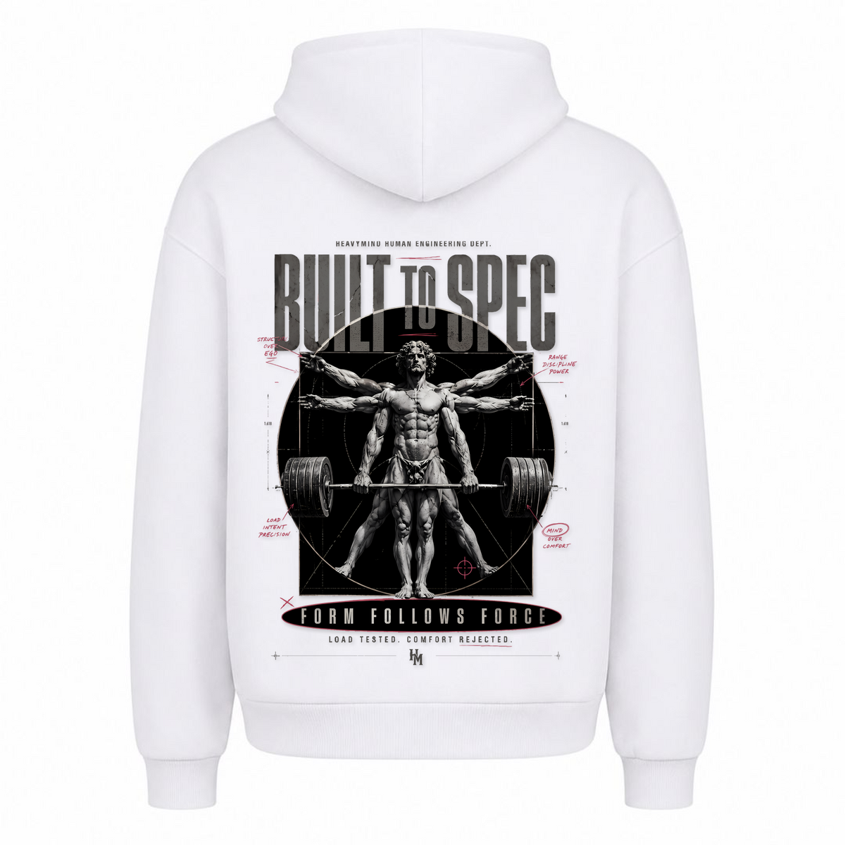 Built to Spec – Form Follows Force – Heavy Oversized Hoodie in Weiß, Rückansicht | Heavy Mind