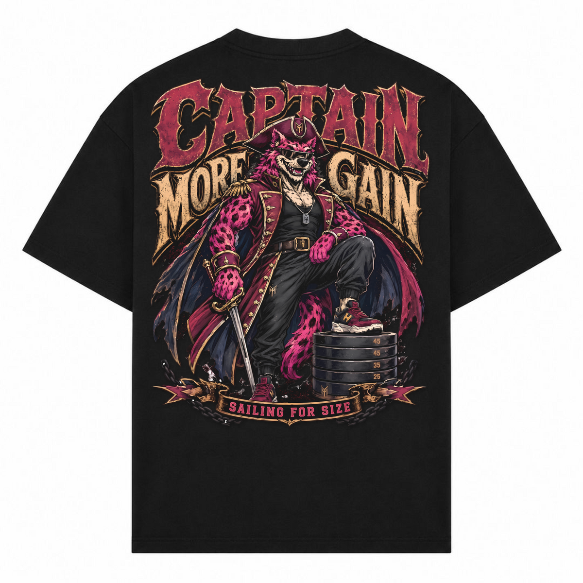 Captain More Gain – Oversized Tee in Schwarz, Rückansicht | Heavy Mind