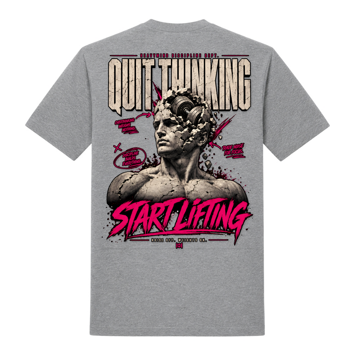 Quit Thinking, Start Lifting – Heavy Shirt in Grey Melange, Rückansicht | Heavy Mind
