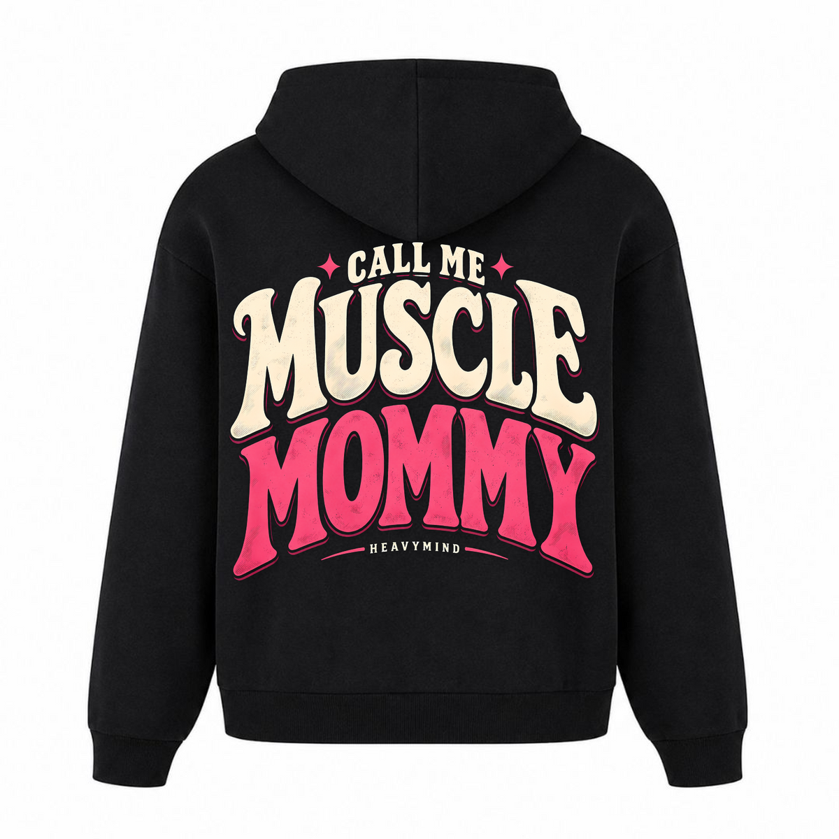 Call Me Muscle Mommy – Heavy Oversized Hoodie in Schwarz, Rückansicht | Heavy Mind