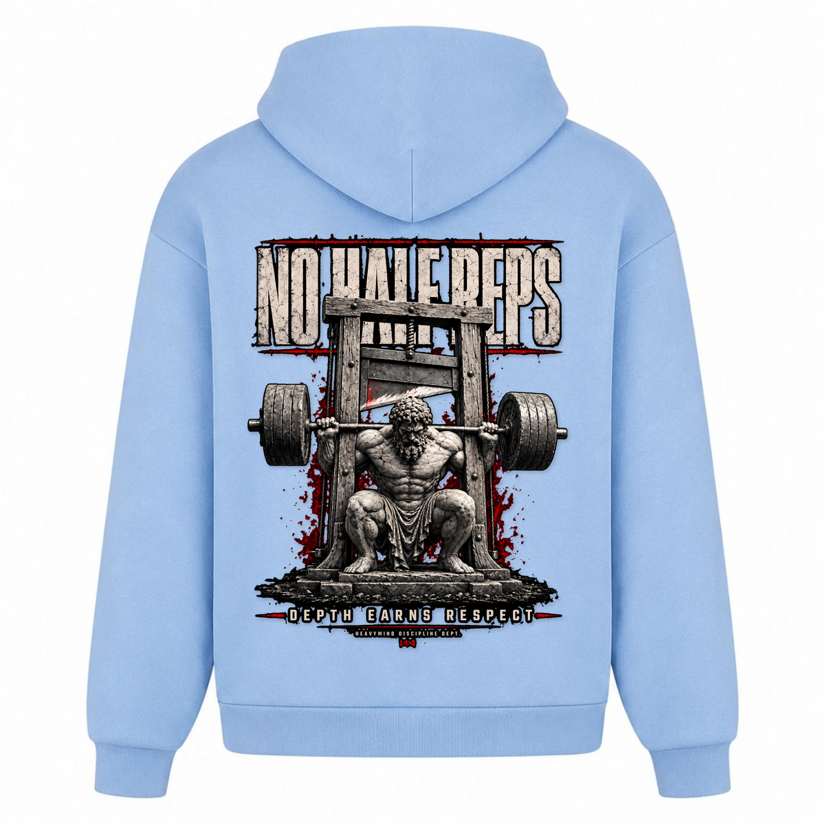 No Half Reps – Depth Earns Respect – Heavy Oversized Hoodie in Powder Blue, Rückansicht | Heavy Mind