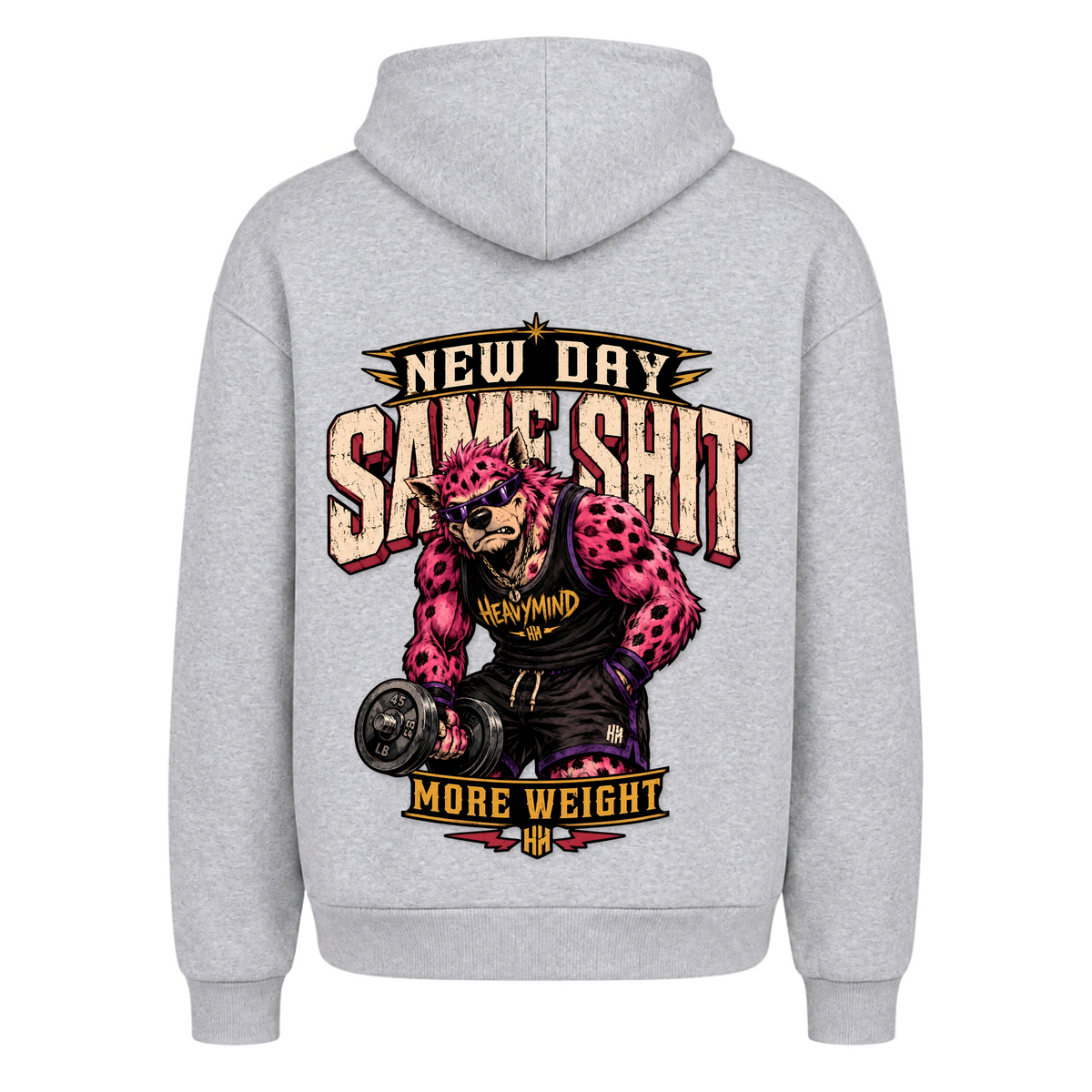 New Day, Same Shit, More Weight – Heavy Oversized Hoodie in Heather Grey, Rückansicht | Heavy Mind