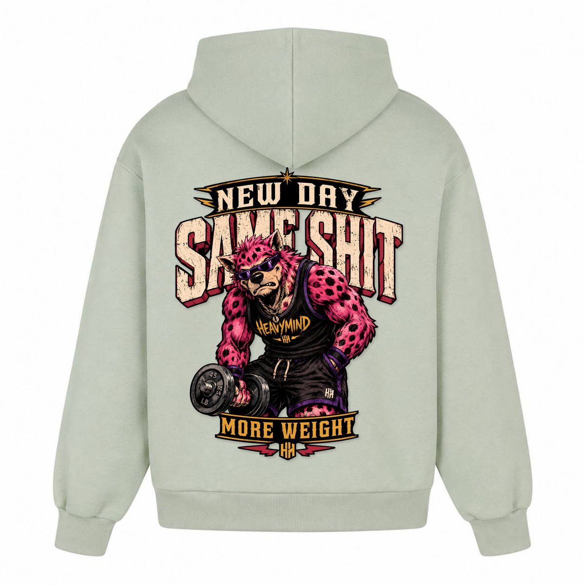 New Day, Same Shit, More Weight – Heavy Oversized Hoodie in Light Asphalt, Rückansicht | Heavy Mind