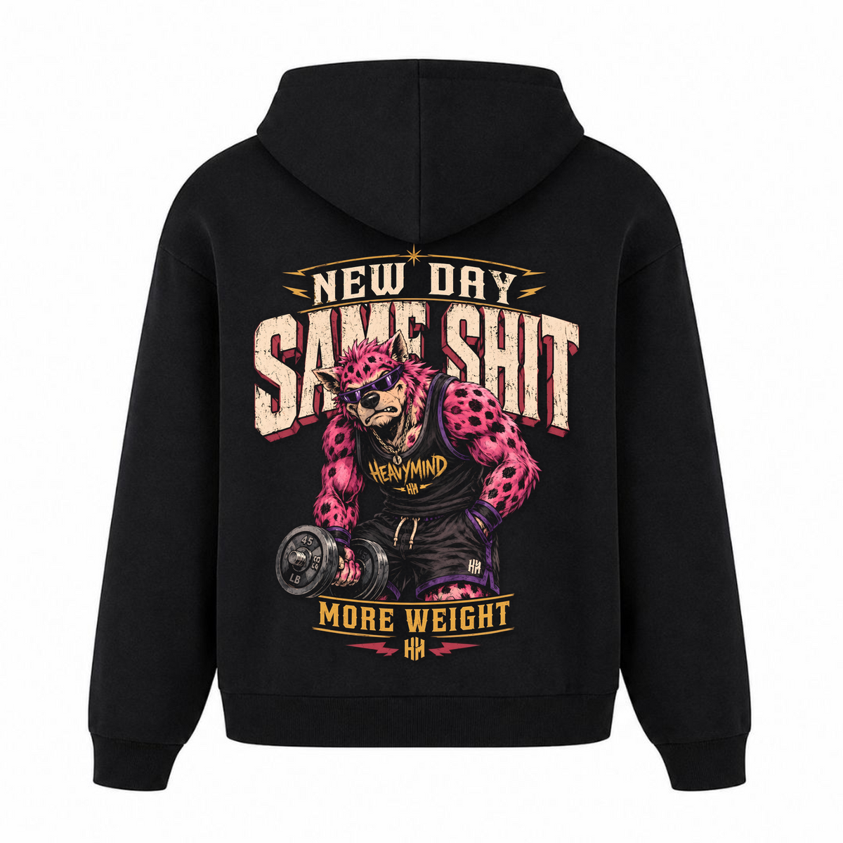 New Day, Same Shit, More Weight – Heavy Oversized Hoodie in Schwarz, Rückansicht | Heavy Mind