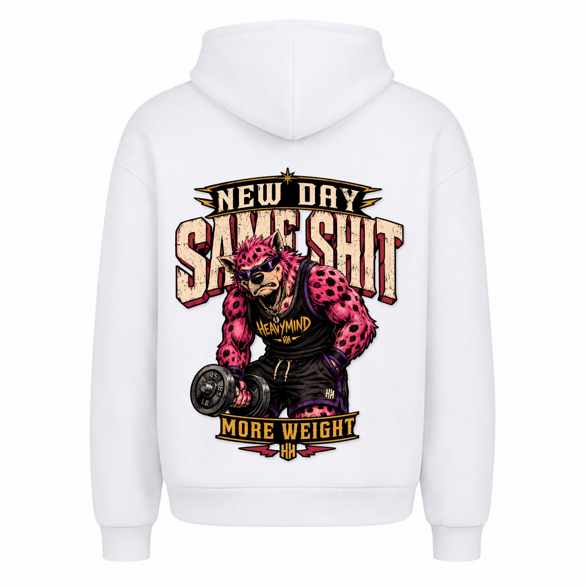 New Day, Same Shit, More Weight – Heavy Oversized Hoodie in Weiß, Rückansicht | Heavy Mind