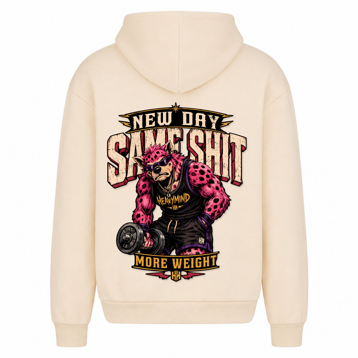 New Day, Same Shit, More Weight – Heavy Oversized Hoodie in White Sand, Rückansicht | Heavy Mind