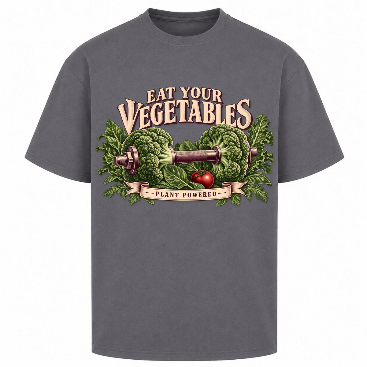 Eat Your Vegetables – Oversized Tee in Dark Grey, Vorderansicht | Heavy Mind