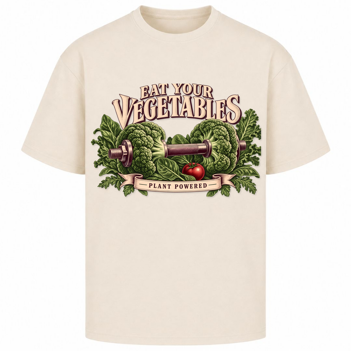 Eat Your Vegetables – Oversized Tee in Sand, Vorderansicht | Heavy Mind