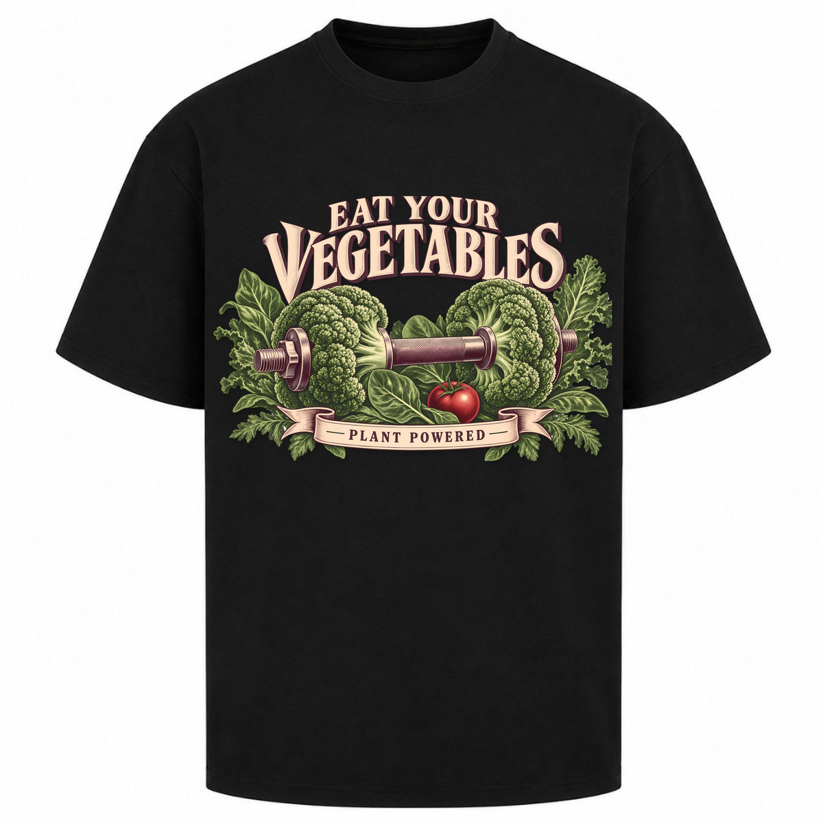 Eat Your Vegetables – Oversized Tee in Schwarz, Vorderansicht | Heavy Mind