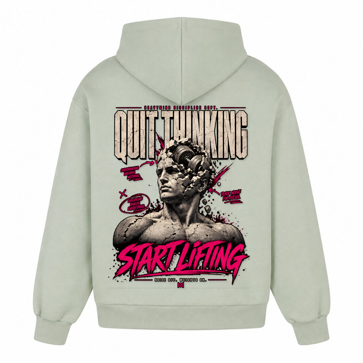 Quit Thinking, Start Lifting – Heavy Oversized Hoodie in Light Asphalt, Rückansicht | Heavy Mind