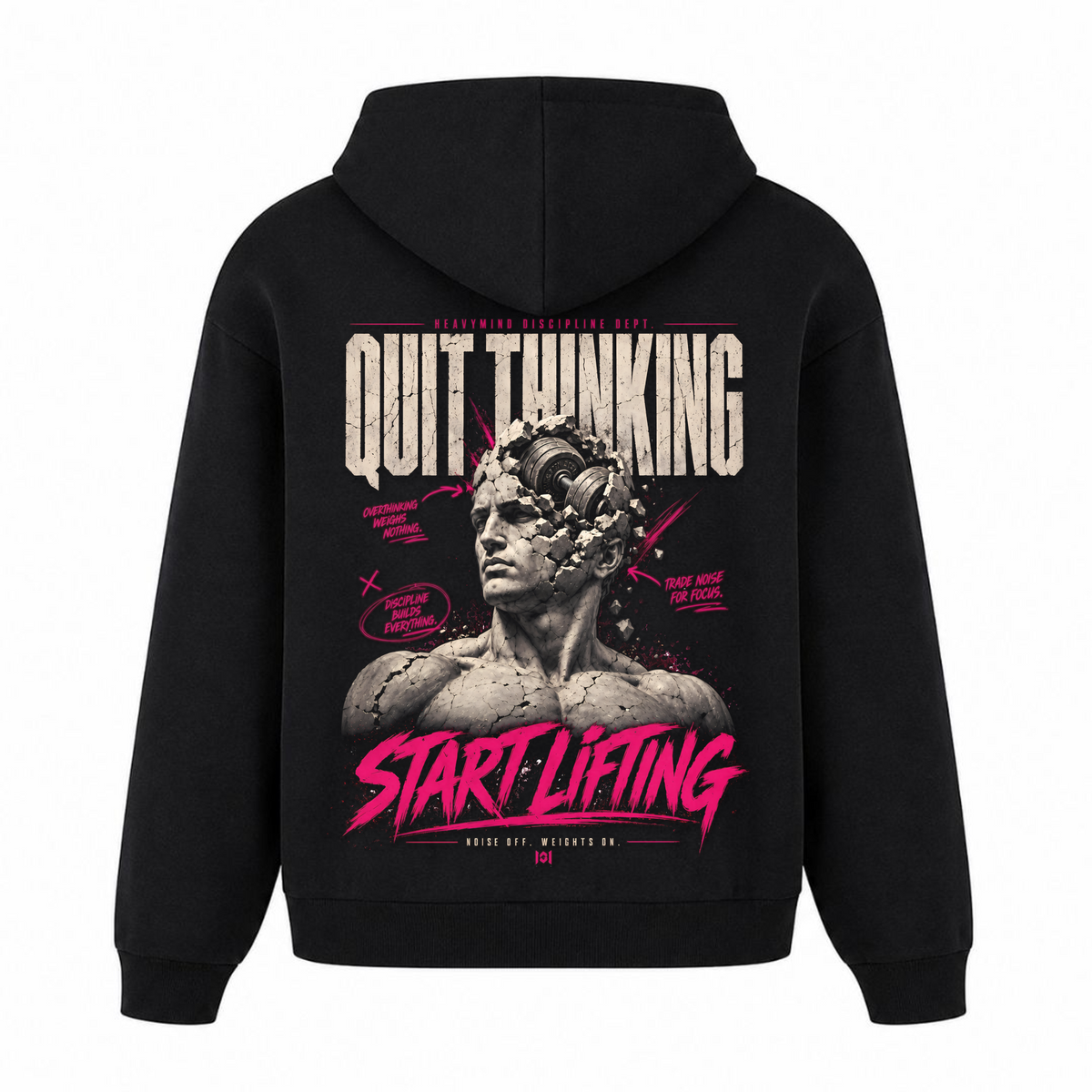 Quit Thinking, Start Lifting – Heavy Oversized Hoodie in Schwarz, Rückansicht | Heavy Mind